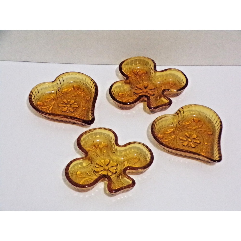 Indiana Glass Co Tiara Daisy Embosed Amber Card Suit Trinket Dishes Set of 4